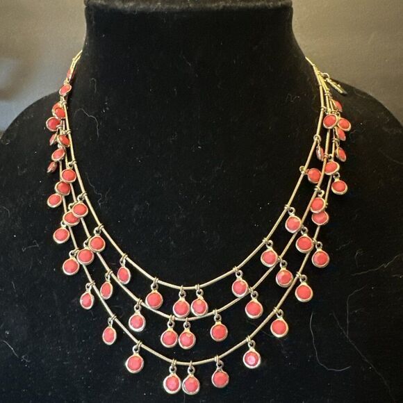 Anne Klein Bezel Multi Strand Layered Shaky Coral Color Necklace - Picture 1 of 4